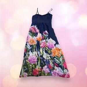 Moulinette Soeurs Anthropologie Navy Colorful Floral 100% Silk Dress Size 2